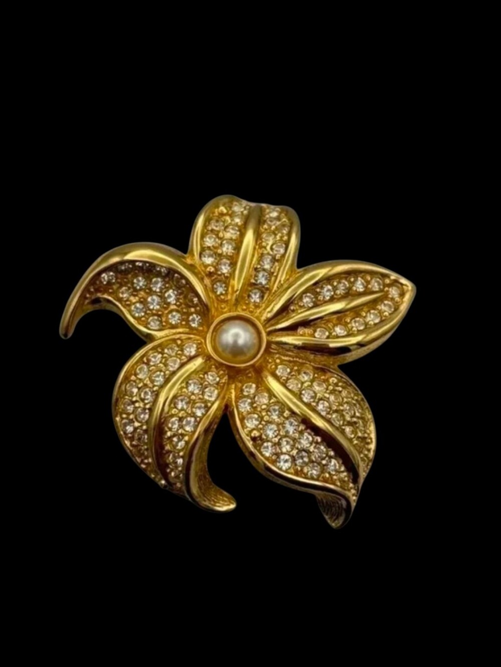 Dior Gold Plated Crystal Flower Brooch with Pearl Center - Picture 3 of 16